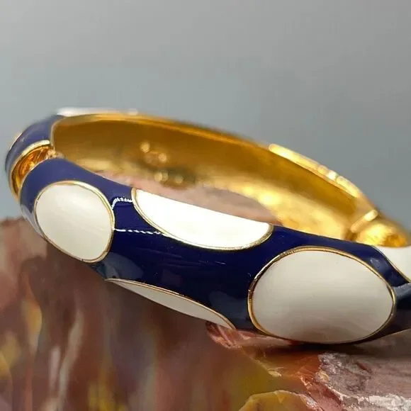 Blue White Enamel Gold Hinged Bangle Kenneth Jay Lane - Picture 2 of 14
